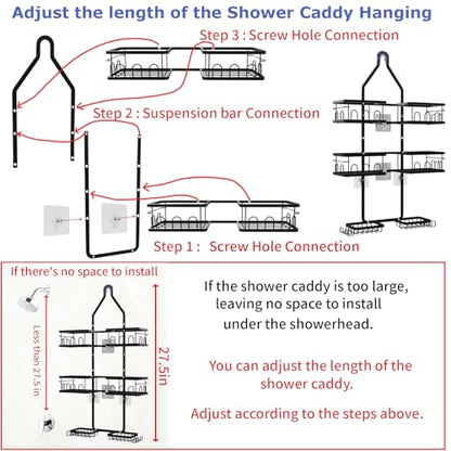Shower Caddy Hanging Upgraded Adjustable Rustproof Shower Caddy Shower Organizer for Over Handheld or Fixed Shower Heads with Hooks Soap Holder Toothbrush Holder
