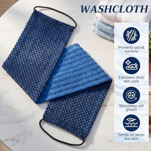 Chumia 3 Pcs Japanese Exfoliating Washcloth Towel with Handle Dual-Textured Back Scrubber for Shower Gentle Exfoliation Deep Cleanse Exfoliate Loofah Luffa Sponge Exfoliator for Women Men Bath Shower - color: Blue