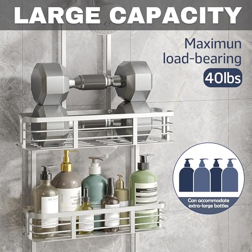 Shower Caddy Hanging, Never Rust Aluminum Shower Organizer, Over Showerhead No Drilling Shower Racks, with Soap Holder Multi Hooks Bathroom Storage for Shampoo Sponge,Silvery - color: Silvery