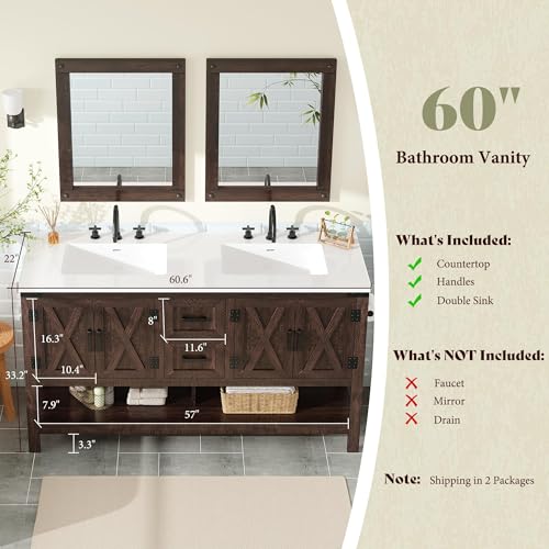 AMERLIFE 60" Brown Farmhouse Double Sink Bathroom Vanity, Solid White Top | Rustic Brown, Solid White Integrated Top, Moisture-Resistant MDF, 4 X-Panel Doors, 2 Drawers, Open Shelf, Paper Towel Holder - color: Rustic Brown, size: 60”