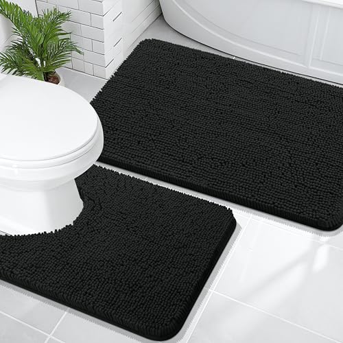 OLANLY Bathroom Rugs Sets 2 Piece, Soft Absorbent Chenille Bath Mats and U-Shaped Contour Toilet Mat Area Rug Set, Machine Washable Bath Carpet, Home Decor Accessories(36"x24"+24"x20", Black) - color: Black, size: 36" X 24" + U24" X 20"