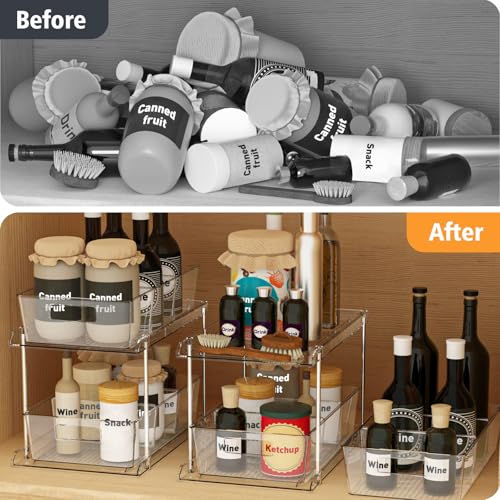 Bathroom Under Sink Organizers and Storage, 2 Tier, 2 Packs | Clear Vanity Countertop Pull-out Cabinet Organizer, Stackable Multi-Purpose Kitchen Pantry Organization with Dividers