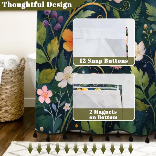 Boho Floral No Hook Shower Curtain with Snap in Liner & Tassels | Double Layer Waterproof & Mesh Top, Whimsical Dark Botanical & Wildflower Design for Modern Bohemian Style Bathroom, 71Wx77L - color: Whimsical Flowers