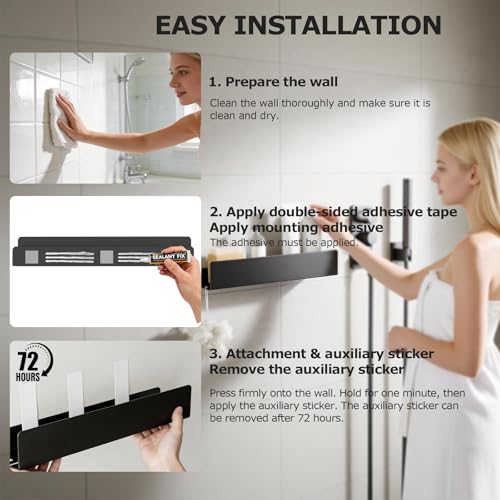 REKITA No Drill Shower Shelf Organizer, 40cm Stainless Steel Bathroom Storage with 4 Removable Hooks, Adhesive Wall Mounted Shower Caddy, Rustproof Bath Shelf for Bathroom Kitchen Living Room - color: Black