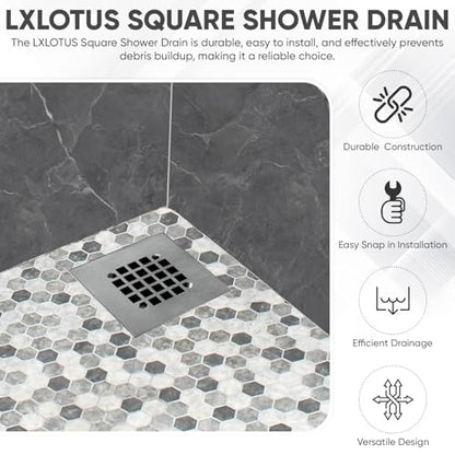 4-1/4” Square Snap-in Brushed Nickel Shower Drain - Stainless Steel Replacement - 4.25 inch Durable Floor Cover -Snap-in - Easy Installation Universal Grate Strainer - color: Brushed Stainless Steel