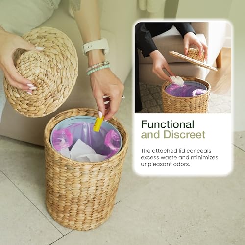 Tidita Water Hyacinth Bathroom Garbage Can with a Lid, 2 Gallon Capacity | Water Hyacinth, Iron Frame, Removable Liner, Compact, Handwoven Design, Boho Style, Kitchen, Bedroom, Office, No Assembly - color: Natural, size: 2 Gallons