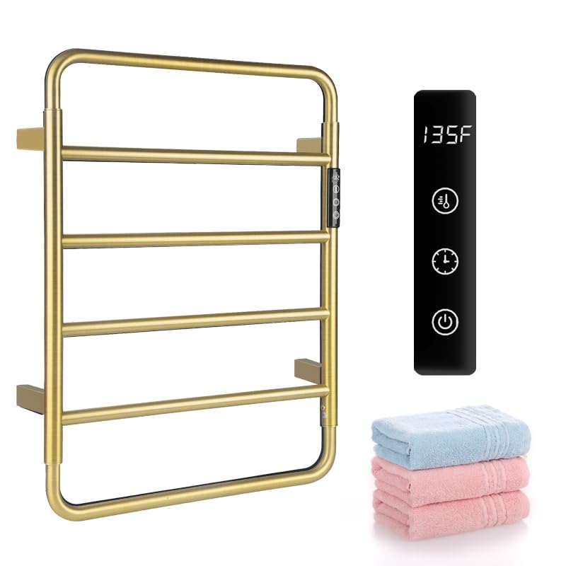 VJASS Heated Towel Rack for Bathroom, 4 Bar Stainless Steel Electric Towel Warmer with Built-in Timer, Dual Hardwired & Plug-in Wall Mounted Installation (Brushed Gold) - color: Brushed Gold