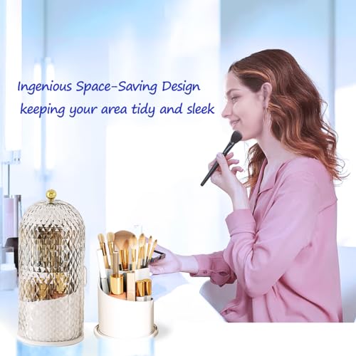 Makeup Brush Holder with Lid, 360 Rotating Multifunction Clear Dustproof Skincare Cosmetic Tools Storage Organizer for Vanity Desktop Bathroom Countertop (White) - color: White