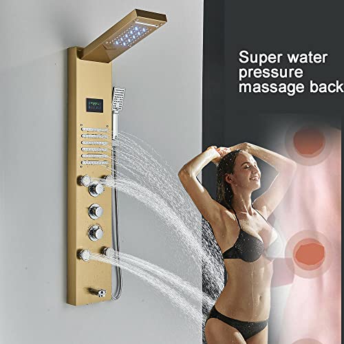 Brushed Gold LED Shower Panel Tower Massage Body Jets System Rain Waterfall Mixer Hand Shower