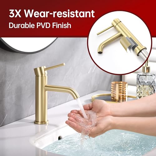 SUMERAIN Bathroom Sink Faucet Brushed Gold Single Handle Single Hole | Lead-Free, Stainless Steel, with Faucet Supply Lines, Easy DIY Install - color: Brushed Gold, size: Undermount Sink faucet