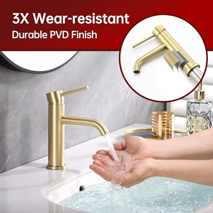 SUMERAIN Bathroom Sink Faucet Brushed Gold Single Handle Single Hole | Lead-Free, Stainless Steel, with Faucet Supply Lines, Easy DIY Install - color: Brushed Gold, size: Undermount Sink faucet