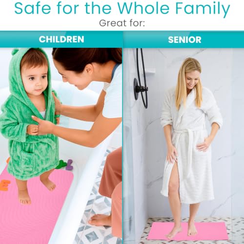 Vive Non-Slip Bath Mat with Suction Cups - 28" x 16" Extra Large Rubber Mat | For Safety & Comfort - Patented Grip Prevents Slips and Falls for Kids, Elderly, Men, Women - XL Non Skid Shower & Tub Cover - color: Pink