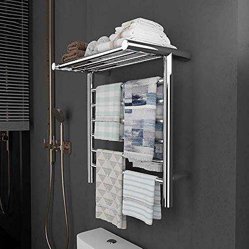6 Bar Wall Mounted Towel Warmer with Top Shelf, Energy Efficient 105W Electric Heated Towel Rack for Bathroom, Towel Heater Rail On/Off Switch - size: plugin