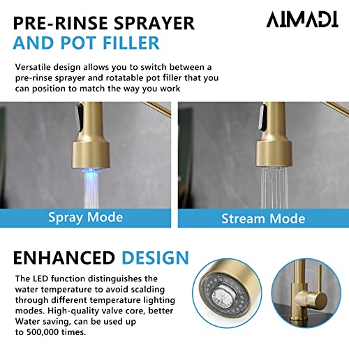 AIMADI Gold Kitchen Faucet with Sprayer,Modern Single Handle Spring | Brushed Gold Pull Down Kitchen Faucet with LED Light - color: Brushed Gold led