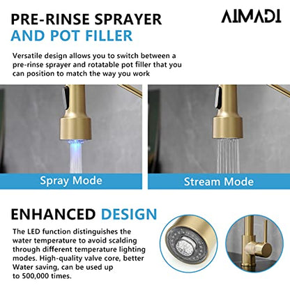 AIMADI Gold Kitchen Faucet with Sprayer,Modern Single Handle Spring | Brushed Gold Pull Down Kitchen Faucet with LED Light - color: Brushed Gold led