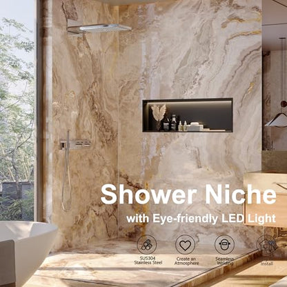 Qeke 36" X 12" Stainless Steel Shower Niche w/ 3 CCT Dimmable Light, Black | No Tile Needed Wall Niche, Recessed Niche w/ Light(3000K/4000K/6000K), IP66 Waterproof, Space Saving & Durable - color: Matte Black, size: 36" X 12"