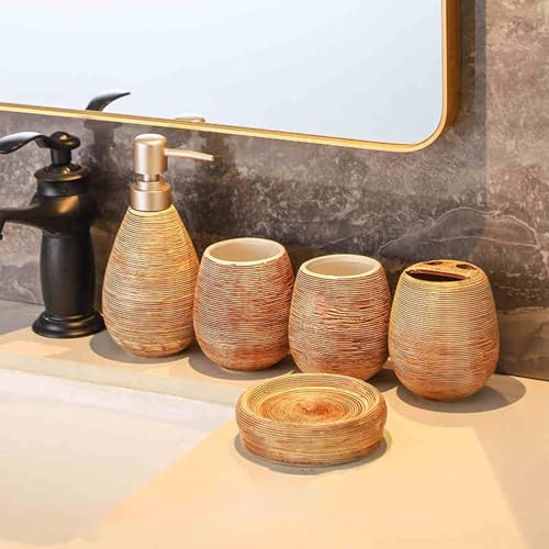 Bathroom Ceramic Accessories Set, 5 Piece Bathroom Set with Including Soap Dispenser, Mouthwash Cup, Soap Dish, Toothbrush Holder (Brown) - color: Brown