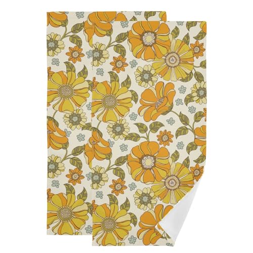 Retro 70s Style Floral Hand Towels for Bathroom Set of 2,Vintage Orange Groovy Blossom Flowers Kitchen Towels,Microfiber Absorbent Decorative Guest Bathroom Towels for Face,Shower,Gym 14"x28" - color: Orange