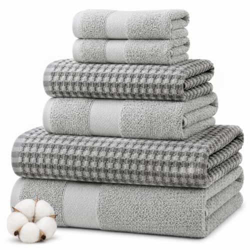 Modern Threads 6 Piece Cotton Bath Towel Set – Ultra Soft 600 GSM Towels – Bathroom Set with Hand Towels and Washcloths – Waffle (Silver Cloud) - color: Silver Cloud, style: Waffle