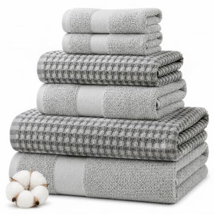 Modern Threads 6 Piece Cotton Bath Towel Set – Ultra Soft 600 GSM Towels – Bathroom Set with Hand Towels and Washcloths – Waffle (Silver Cloud) - color: Silver Cloud, style: Waffle
