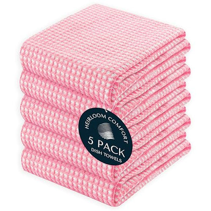 5 Pack Dual Tone Waffle Weave Kitchen Towels, 16x26 Inch, 100% Cotton, Absorbent, Fast Dry Dishcloth Set, Soft and Durable, Baby Pink - color: Light Pink, size: 16 x 26 - Pack of 5