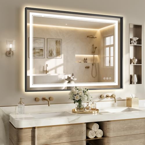 36"x48" LED Bathroom Mirror with Lights, Backlit + Front Lit, Anti-Fog, Lighted Bathroom Mirror with One-Piece Aluminum Alloy Frame, HD Shatterproof Tempered Glass, Dimmable, Memory Function - color: Black, size: 48"L x 36"W