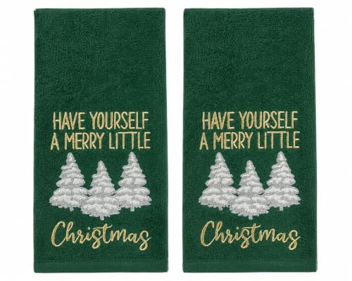 Holiday Christmas Bathroom Guest Hand Towels, 100% Cotton, Set of 2, Have Yourself a Merry Little Christmas Gold White on Green- 16” x 25” Decorative Bath & Kitchen Towels - color: Little Christmas