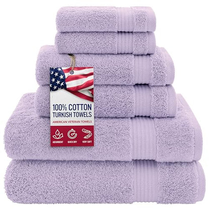 American Veteran Towel, 100% Cotton Turkish 6 Piece Towel Set, Luxury Towels Set of 6 for Bathroom Essentials, 2 Bath Towel 2 Hand Towel 2 Washcloth, Lilac - color: Lilac, size: XL 6PC