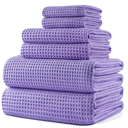 POLYTE 430 GSM Poly Blend Microfiber Quick Dry Waffle Bath Towel Set of 6 | 2-Body Towels, 2-Hand Towels, 2-Wash cloths, Oversize, Lint Free - color: Purple