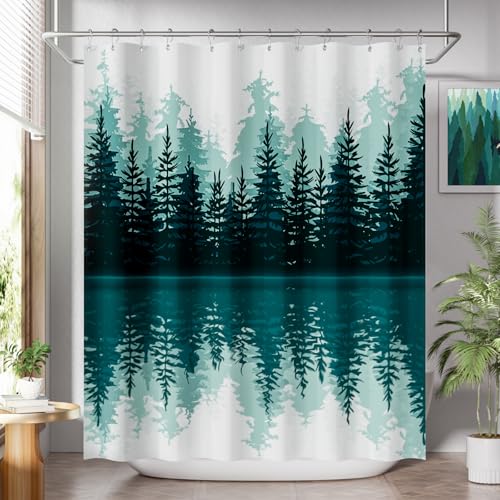 AmazerBath Shower Curtain Green, Washable Cloth Sage Green Shower Curtain Sets with 12 Metal Shower Curtain Hooks, Luxury Waterproof Rustic Fabric Shower Curtains for Bathroom Decor, 72x72 Inches - color: E- Forest Shadow +12 Metal Hooks, size: 72"W x 72"