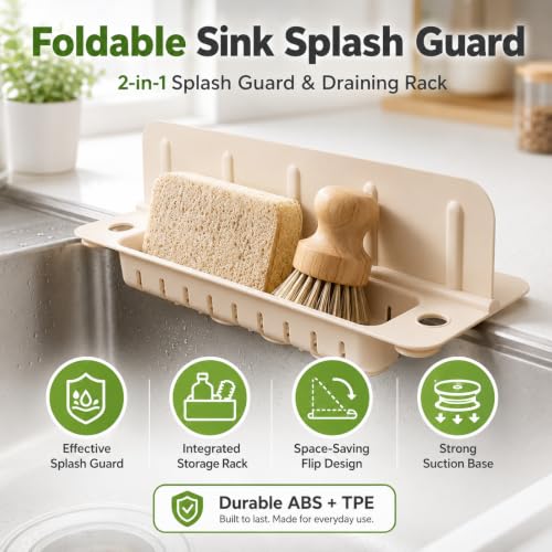 Foldable Sink Splash Guard with Suction Cups, 13.9 inch Sink Water Splash Guard, Detachable Reusable Kitchen Water Baffle Anti-Splash, with Flip-down Storage Rack, Easy to Clean (Pink) - color: Pink