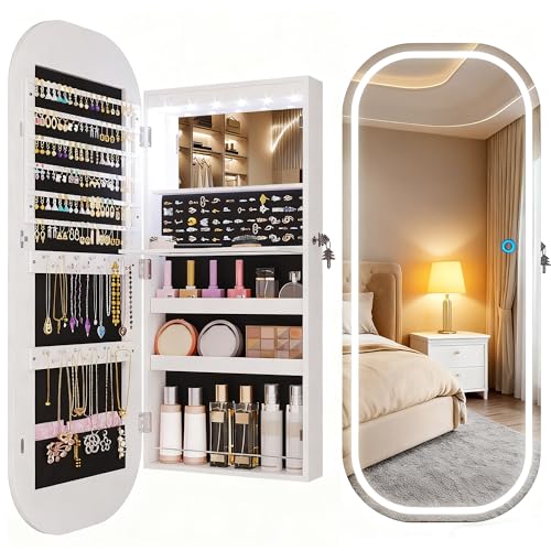LVSOMT LED Mirror Jewelry Cabinet, Wall/Door Jewelry Organizer, 16"W, White | Lockable Jewelry Armoire with Full Length Mirror, 65 Ring and 108 Earring Slots, Foldable Shelf, Rounded Corner - color: White