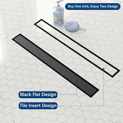 Neodrain 18" Shiny Black Linear Shower Drain,2-in-1 Flat& Tile Insert Cover | 304 Stainless Steel,Fast Drainage, Durable,Rectangle Shower Floor Drain with Adjustable Feet,Hair Strainer,Fits Bathrooms - color: Shiny Black, size: 18 In
