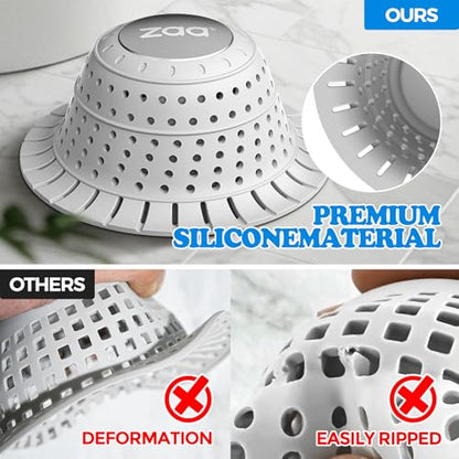 Bathtub Drain Strainer Silicone Bathroom Stopper Fixture Accessories | White Premium silicone collapsible 1 pack drain protector and hair catcher for pop-up and regular drains of shower, tub - color: Light Gray