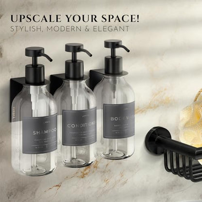 Shower Shampoo Dispenser Wall Mounted – 3 Refillable 16.9 oz Clear Bottles with Stainless Steel Pumps & No-Drill Adhesive Holders – Soap Dispenser Set for Bathroom (3 X Clear/Black) - color: 3 X Clear/Black