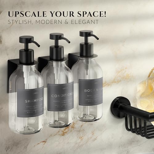 Shower Shampoo Dispenser Wall Mounted – 3 Refillable 16.9 oz Clear Bottles with Stainless Steel Pumps & No-Drill Adhesive Holders – Soap Dispenser Set for Bathroom (3 X Clear/Black) - color: 3 X Clear/Black