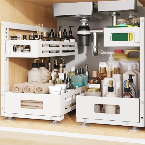 2 Pack 19IN-Depth Under Sink Organizer,Pull Out Cabinet Organizer With Smooth Cylindrical Rail,Metal Slide Out Drawer for Kitchen Bathroom Laundry,8-Level Tool Free Height Adjustable-White - color: White, size: 2 Pack-19"Dx9.5"-16.7"H