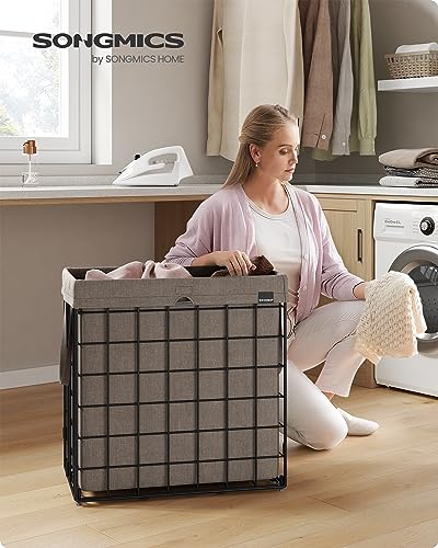 SONGMICS Laundry Hamper, 29 Gal. (110L) Laundry Basket, Collapsible Clothes Hamper, Removable and Washable Liner, Metal Wire Frame, for Bedroom Bathroom, Black and Camel Brown ULCB111N01 - color: Black + Camel Brown, size: 110 L
