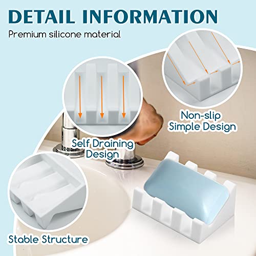 Self Draining Silicone Soap Dish Holder Waterfall Tray, 2 Pack White | Waterfall design drains fast to keep soap dry, non-slip silicone base anti slide, soap saver for bathroom & kitchen