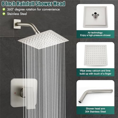 Heyalan 8-Inch Square Rain Shower Faucet Set with Valve, Brushed Nickel | SUS304 stainless steel shower head, male NPT 1/2-inch valve, single-handle control, adjustable angle, 1.8 GPM - color: Nickel