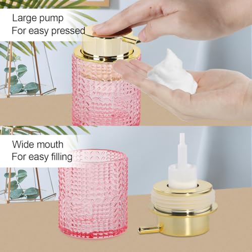 Glass Foaming Soap Dispenser,10oz Refillable Bathroom Foam Hand Soap Dispenser for Bathroom Countertop Kitchen (1, Pink) - color: Pink
