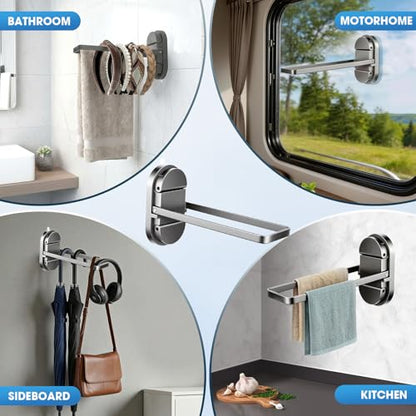 Foldable Suction Towel Bar, No Drill Stainless Steel | Heavy-duty bathroom towel holder for towels and robes. Fits tile, glass, mirrors & RV. Reusable, rustproof and residue-free - color: Silver Black