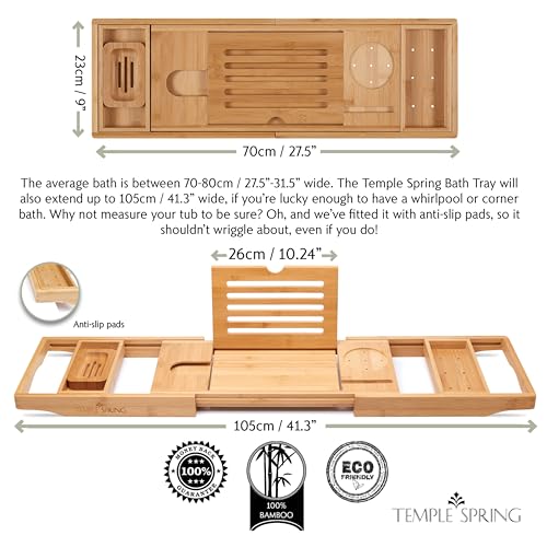 Bamboo Bathtub Tray Caddy for Tub — Expandable Wood Bath Tray with Solid Book Stand Wine Holder and Non-Slip Pads — Includes Bamboo Soap Dish and Spa Accessories — Luxury Bath Gift Set - color: Natural