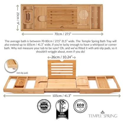 Bamboo Bathtub Tray Caddy for Tub — Expandable Wood Bath Tray with Solid Book Stand Wine Holder and Non-Slip Pads — Includes Bamboo Soap Dish and Spa Accessories — Luxury Bath Gift Set - color: Natural