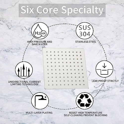 Square 6 Inch Stainless Steel Shower Head High Pressure Rainall Shower Head Brushed Nickel Ultra Thin Design-Best Pressure Boosting - color: Brushed Nickel, size: Square