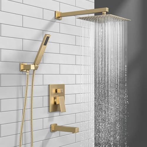 Lava Odoro Modern 3-Setting Square Shower and Tub Faucet Set with Shower Head and Handheld Sprayer Gold, Rainfall Shower System with Tub Spout, Shower Valve Trim Kit, Champagne Gold, SF103-CB-T - color: Champagne Gold, style: With Tub Spout