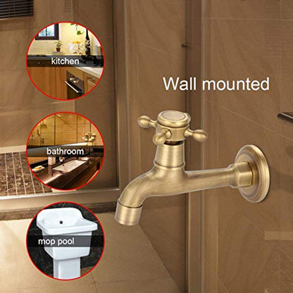 European Wall Mounted Vintage G1/2" Solid Brass Faucet Single Cold Water Tape for Kitchen Sink Mop Pool(L)