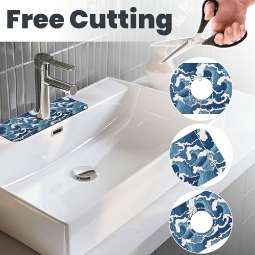 Japanese Wave Kanagawa Blue And White Waves Japan Kitchen Sink Splash Guard Faucet Mat Super Absorbent Fast Drying Mat Sink Gadgets-Fast Drying Pad Sink Mat For Kitchen Bathroom (15" X 5.5" ) - color: Japanese Wave