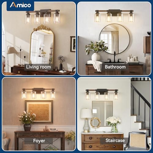 Amico 4-Light Farmhouse Bathroom Vanity Light, Seeded Glass, Black & Wood | Bubble Glass Shade Wall Sconce, Over Mirror Lighting for Bathroom, Bedroom, Living Room, Hallway, Powder Room, Entryway - size: 4-Light