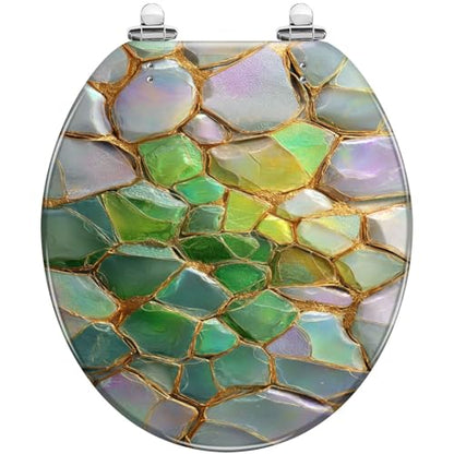 Round Resin Toilet Seat, Quietly Close Quick Release Hinges Cover | Toilet Lid Cover Easy to Clean and Install, Elegant Geometric Mosaic Shimmering Iridescent Leaves Heavy Duty Toilet Seat - color: pattern5, size: O-shape
